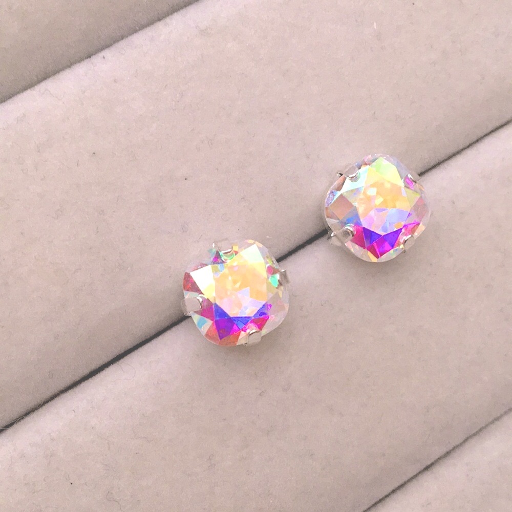 Aurora Borealis + Silver Cushion Cut Crystal Earrings - Picture 6 of 7